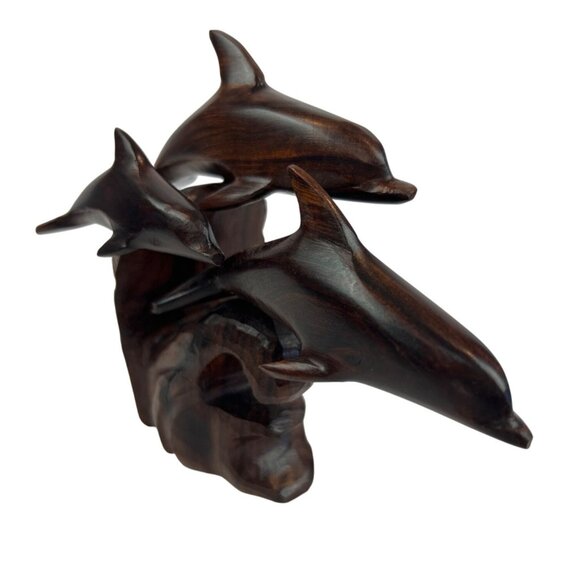 Hand Carved Wooden Dolphin Sculpture Three Dolphins On Wave Family - Picture 2 of 12
